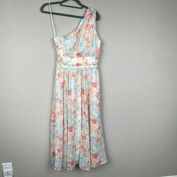 New Likely Sara Dress Floral Watercolor Metallic One Shoulder Midi Sz 0